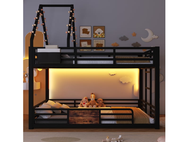 Lit mezzanine 140 × 200 cm avec led, poches de rangement, barrières et échelle pour chambre enfant, noir, métal - Conforama D