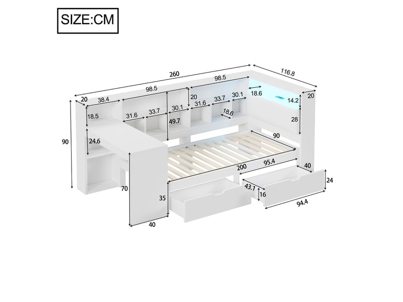  Lit enfant 90x200cm bureau intégré tiroirs tête capitonnée led mdf contreplaqué, tissu lin blanc sans matelas  - Conforama C