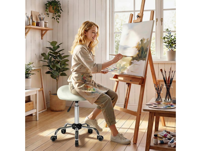  Fauteuil de selle roulant réglable en hauteur, revêtement pu, pour massage, spa, clinique, institut de beauté, tatouage, blanc crème  - Conforama C