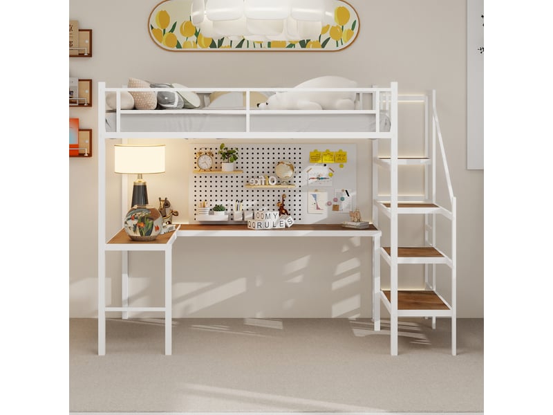  Lit mezzanine en l avec bureau intégré, grands espaces de rangement, garde-corps intégré, structure robuste  - Conforama C