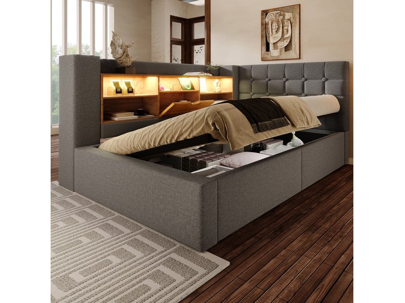 Modenvie lit coffre 90x200 cm - led, rangement hydraulique, usb et usb-c, matelas inclus - gris  - Conforama E