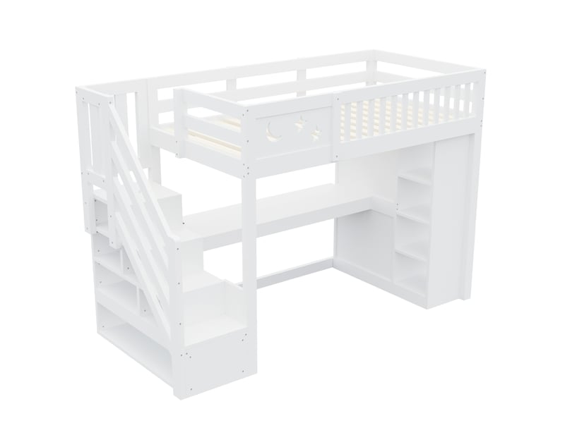  Lit mezzanine 90x200 cm avec bureau, rangements, led et prises, blanc, sans matelas  - Conforama D