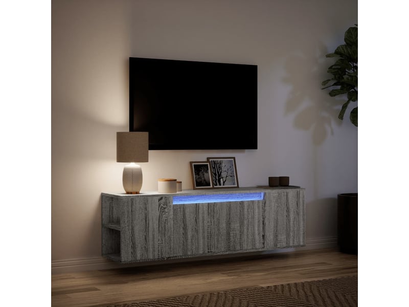 Meuble tv - banc tv - meuble de rangement mural avec lumières led sonoma gris 135x31x39,5 cm - Conforama E