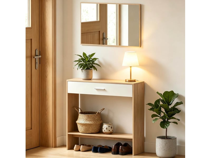  Console d'entrée avec miroir 91,5 x 27,9 x 85,5 cm, chêne et blanc, panneau de particules, tiroir et étagère  - Conforama E