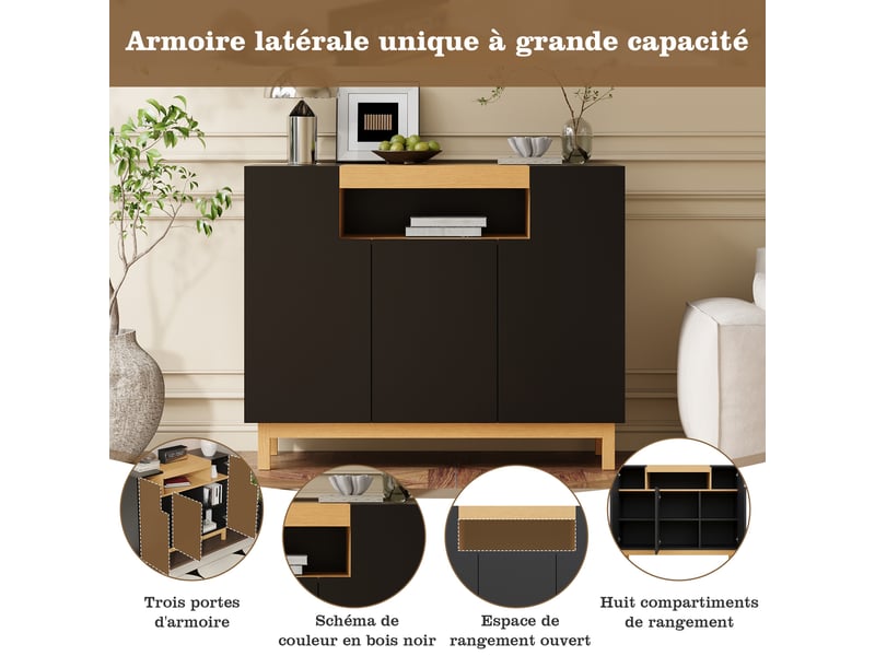  Buffet noir, 3 portes, rangement, design moderne, structure robuste, finition haut de gamme - panneaux de particules - 120.5x42x96cm  - Conforama B