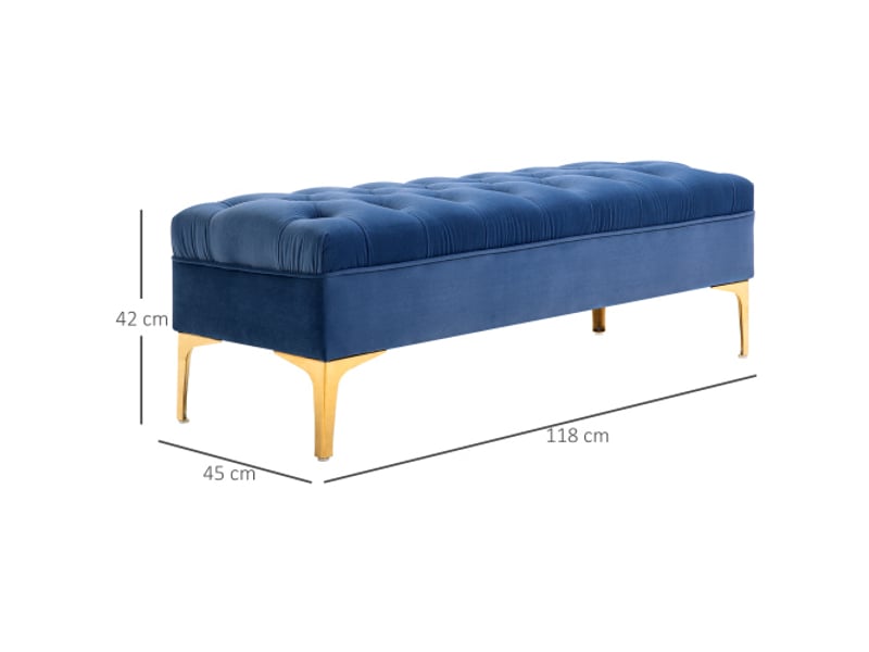 Banc de lit bleu en velours avec pieds hauts, 118x45x42 cm, pour chambre et entrée  - Conforama C