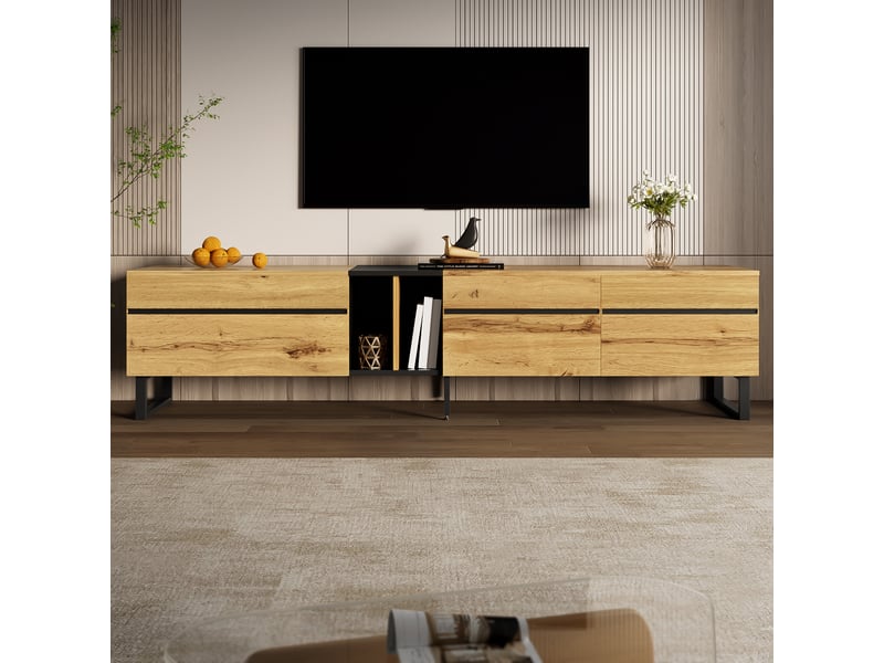  Meuble tv avec 2 portes, abattant et niche ouverte pour salon 180×38×45 cm en panneaux de particules bois  - Conforama D