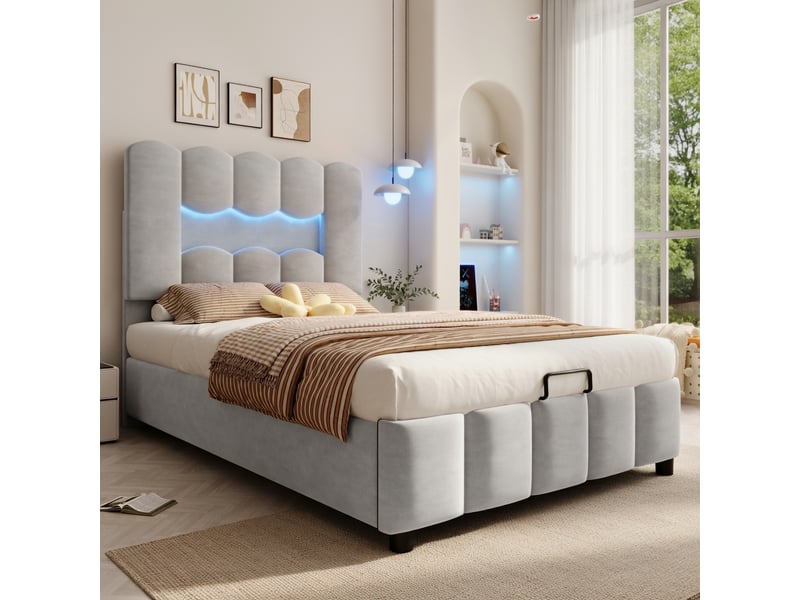 Lit d'enfant 90 x 200 cm, avec éclairage led, tête de lit, rangement à vérins hydrauliques, en velours, gris - Conforama D