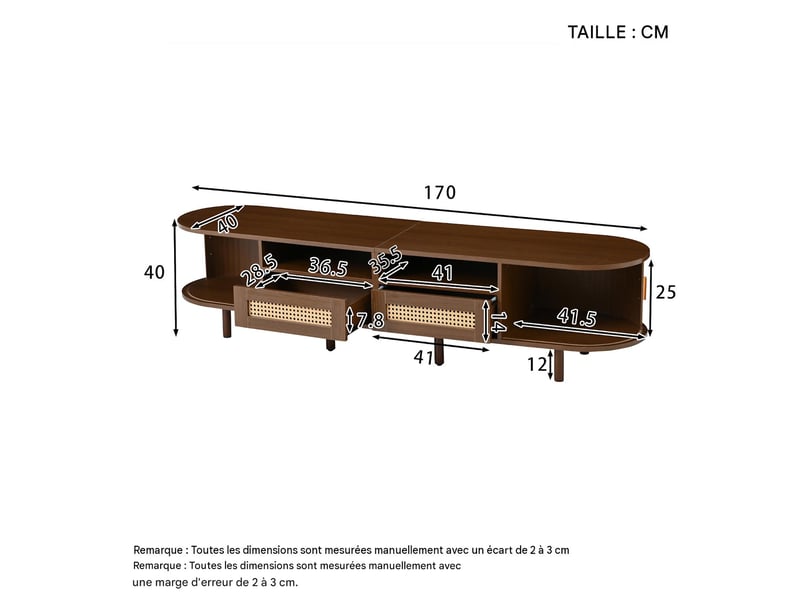  Meuble tv ovale avec tiroirs en rotin et portes mdf coloris noyer 170x40x40 cm - pangivo  - Conforama C