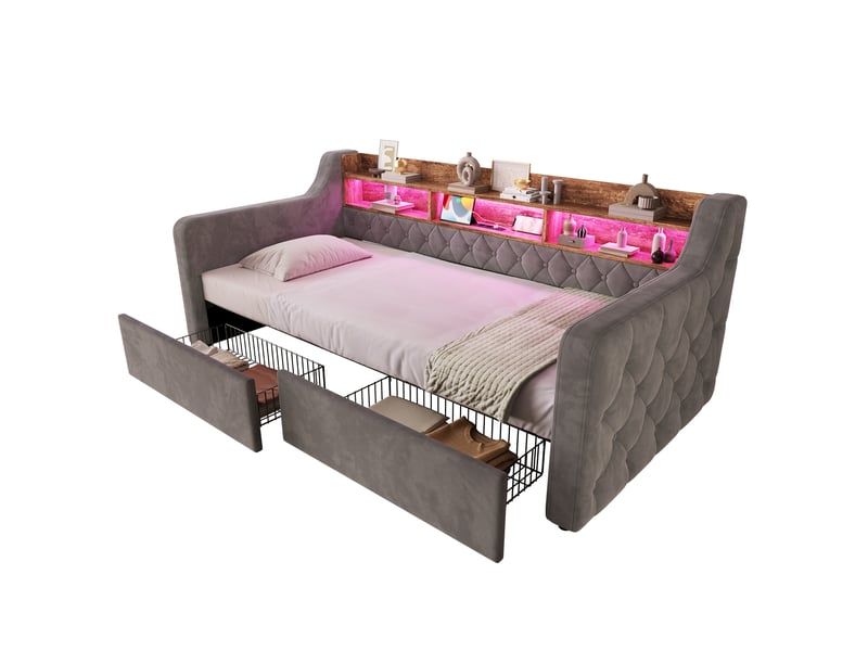  Lit simple rembourré 90x190 avec 2 tiroirs, tête de lit avec rangements, led 16 couleurs, usb et usb-c, sommier, velours gris foncé Morn Vibe - Conforama A