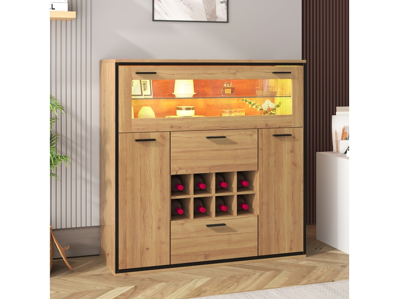  Buffet haut 110x38x111cm meuble bar avec led 16 couleurs et casier à bouteilles | style industriel en chêne et noir | gain de place - naturel  - Conforama C