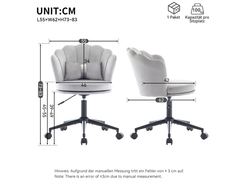  Chaise de bureau pivotante et réglable avec dossier pétale et coussin lombaire en velours gris  - Conforama C