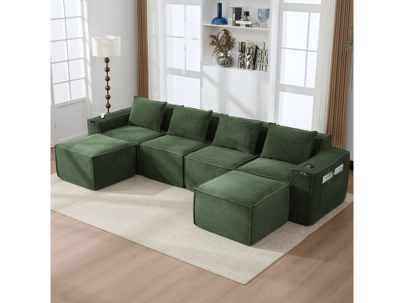 Canapé modulable vert 4 places en velours côtelé avec deux poufs, ressorts et mousse haute densité, pour salon contemporain  - Conforama E