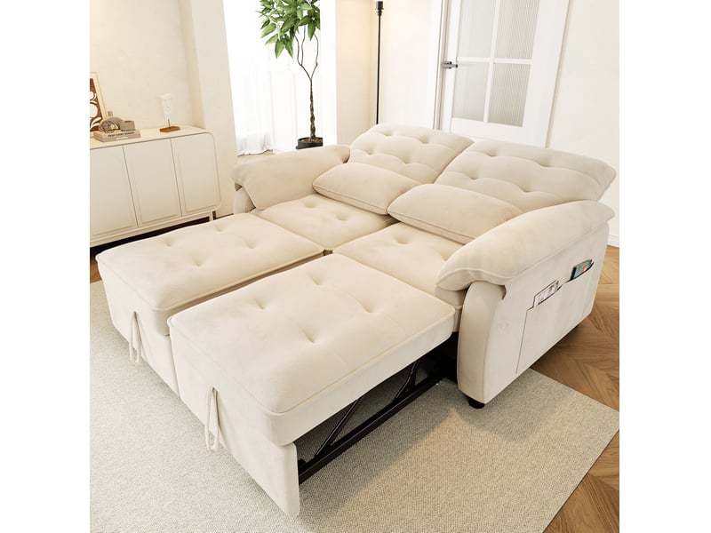  Canapé convertible tcqpz 2 places 3 en 1 142 x 90 x 86,5 cm dossier réglable usb type-c chenille beige  - Conforama E