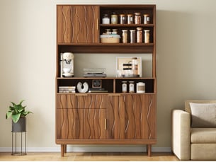 Buffet meuble de rangement cuisine avec tiroir, portes et étagères ouvertes, en mdf et panneaux de particules, pieds en bois massif