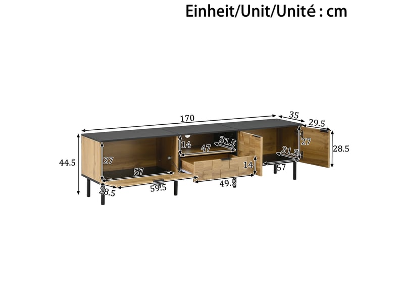  Meuble tv ulevr avec rangement 170 cm, 2 portes, tiroir, niche ouverte et passe-câbles, panneau de particules naturel et noir  - Conforama C