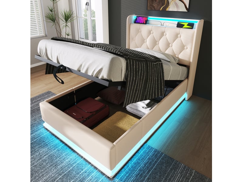  Lit enfant 90x200 cm – blanc – coffre hydraulique, led 360°, usb et type-c, avec matelas h3 à ressorts  - Conforama B