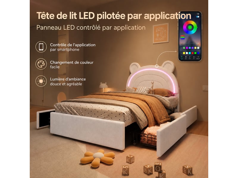  Lit enfant 90 x 200 cm beige avec tête de lit ours, tiroirs de rangement et éclairage led, sans matelas  - Conforama E