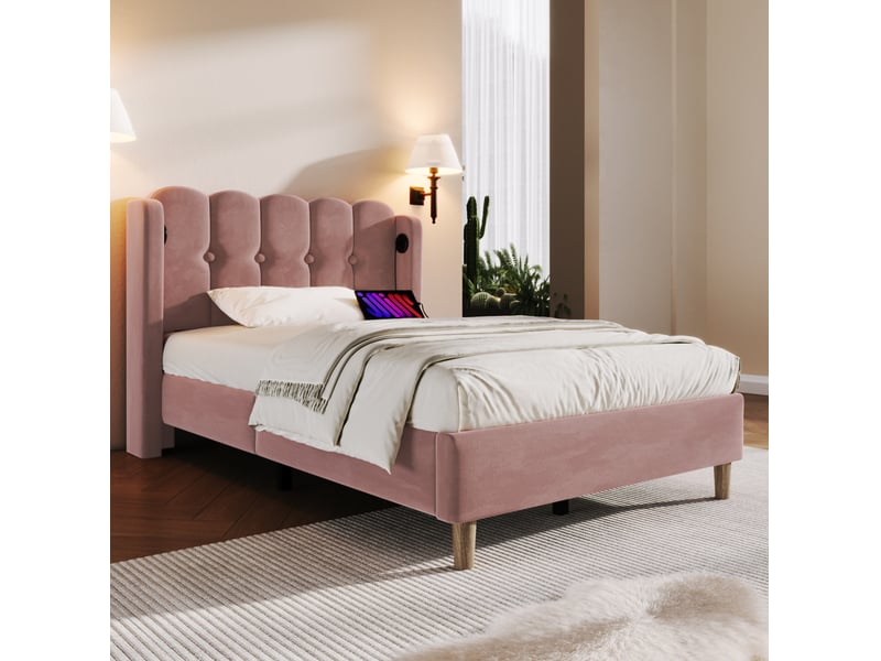  Lit enfant simple 90x200 cm, tête de lit wingback panneau design, ports usb + type-c inclus, velours rose sans matelas  - Conforama D