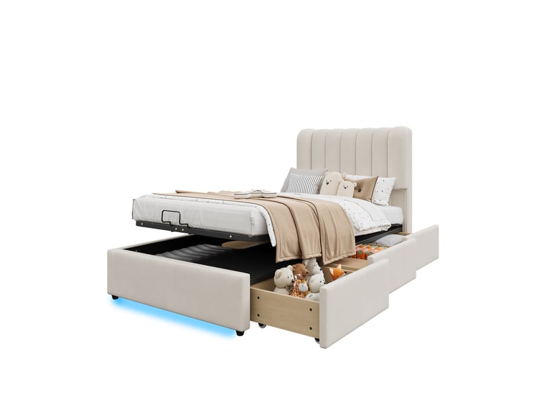  Lit coffre 90x200 cm, lit enfant, rangement hydraulique, 3 tiroirs, led, velours beige  - Conforama B