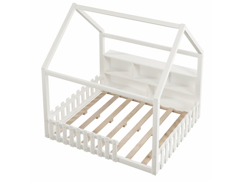  Lit enfant au sol blanc 140x190 cm maison en pin, barrières, led et rangements  - Conforama E