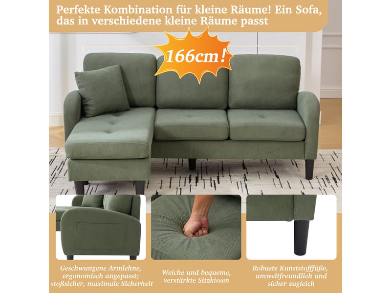  Canapé d'angle en l 3 places avec méridienne réversible velours côtelé vert  - Conforama E