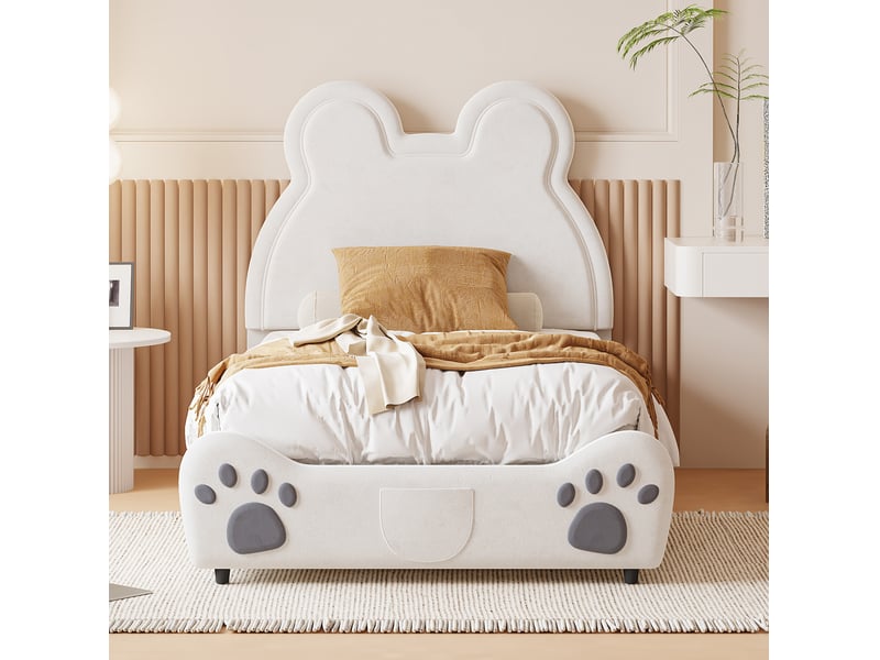  Lit enfant tcqpz rembourré en forme d’ours 90 x 200 cm velours blanc 210 x 90 x 103 cm  - Conforama E
