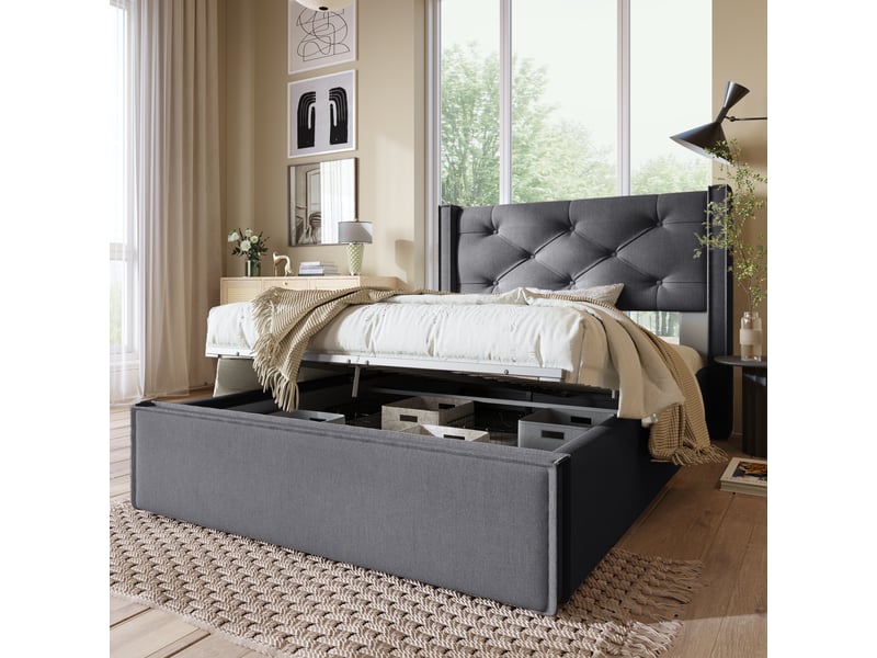  Lit rembourré 90x200cm avec rangement hydraulique, coton gris, sommier à lattes, livré sans matelas, design confortable  - Conforama E