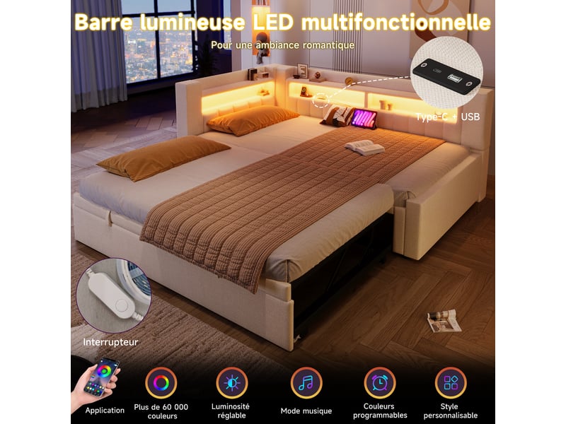  Lit gigogne 90x200 cm extensible en 180x200 cm, led et usb-c, revêtement lin beige, banquette-lit multifonction  - Conforama E