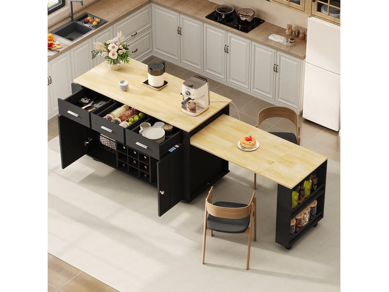  Îlot de cuisine mobile 136-223 x 50 cm, 3 tiroirs, prises usb, noir et chêne  - Conforama D