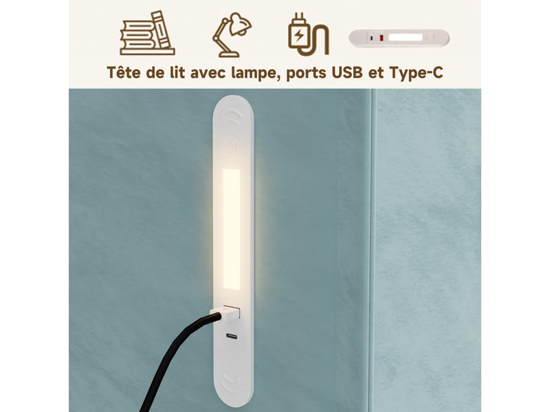  Lit double rembourré enfant 140x200 cm, lit coffre hydraulique, éclairage led et port usbtype-c, sommier inclus, velours bleu  - Conforama E