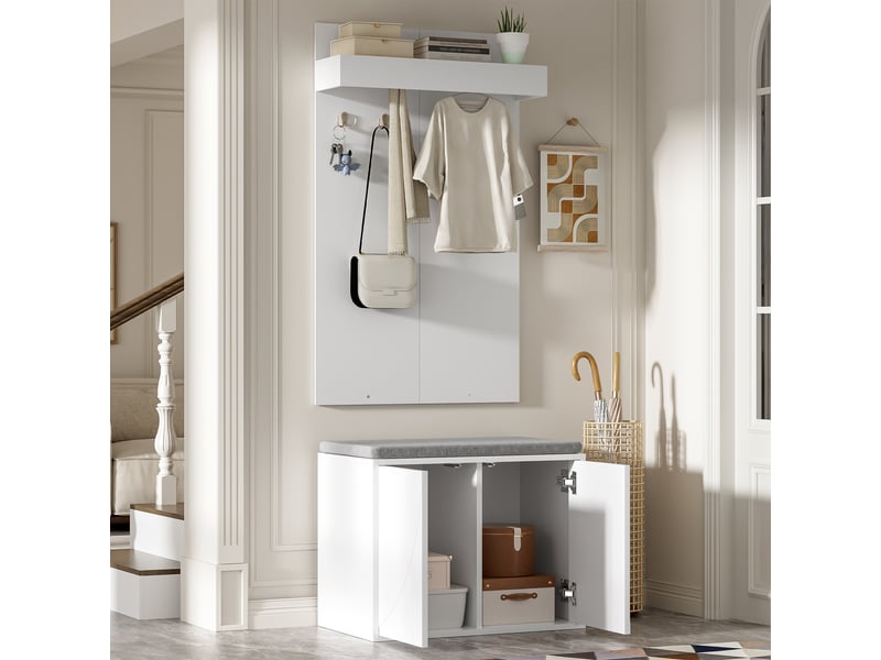  Vestiaire d'entrée 3 en 1 avec banc et meuble à chaussures, blanc, 60x35x145 cm  - Conforama W