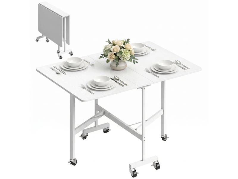  Table de salle à manger pliante pour 4 à 6 personnes avec roulettes et rallonges rabattables, table de cuisine pliante 120 x 80 x 73 cm, blanche  - Conforama A