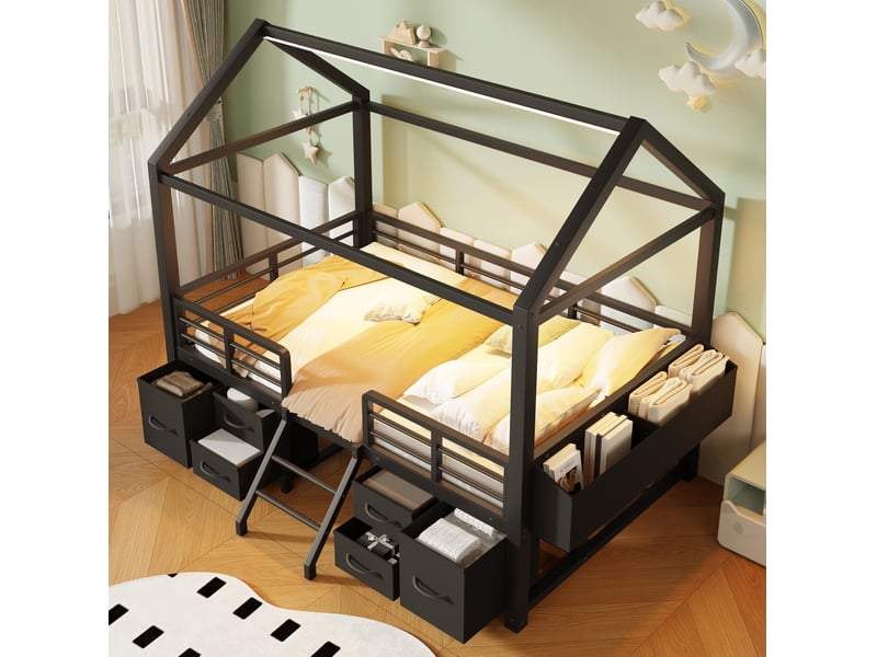  Lit mezzanine modenvie enfant 90 x 200 cm avec toit maison, led et rangements en métal noir  - Conforama B