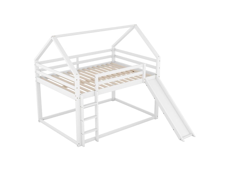  Lit superposé enfant blanc 140 × 200 cm, forme maison, avec toboggan et échelle  - Conforama D