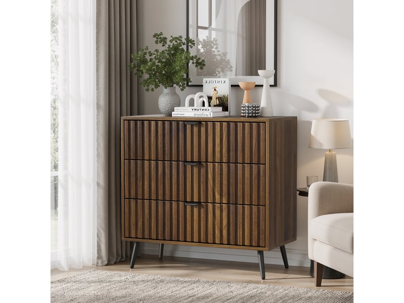  Commode, avec style moderne, 3 tiroirs, poignées et pieds en métal, pour chambre ou salon, mdf, noyer, 80 × 39 × 78 cm  - Conforama D