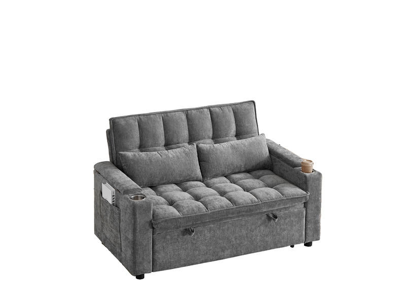 Canapé-lit 3-en-1 142x89x89 cm en chenille avec rangements et porte-gobelets gris chicfurn - Conforama A