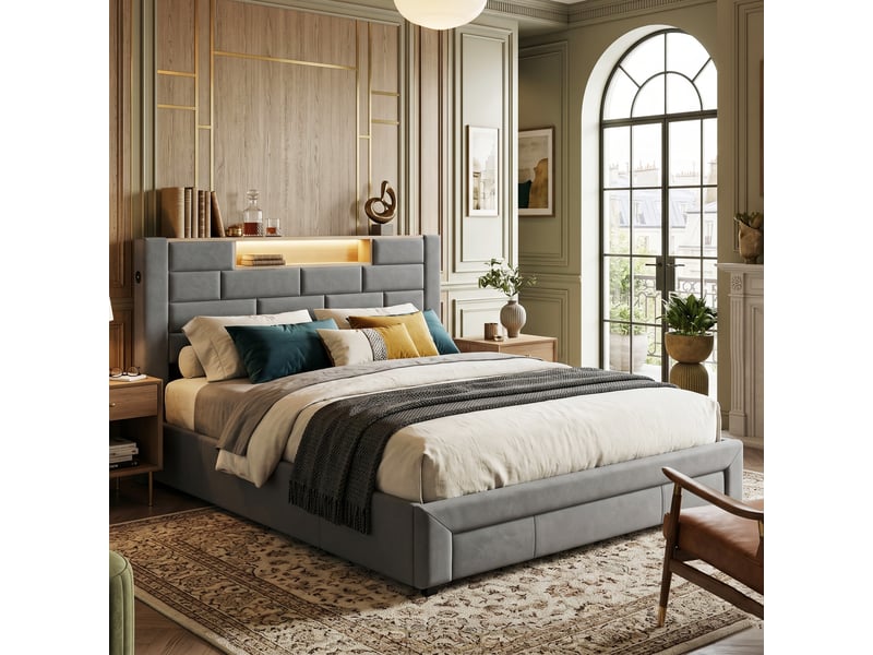Dreammespace lit adulte 160x200 cm avec meuble de rangement 3 tiroirs, étagère led & prises usb type-c, cadre velours gris DreamMespace - Conforama C