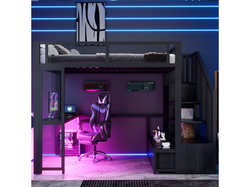 Lit mezzanine 140 x 200 cm en métal pour enfant avec échelle, rangement, port usb, éclairage led, bureau, armoire ouverte et 3 tiroirs, noir - Conforama D