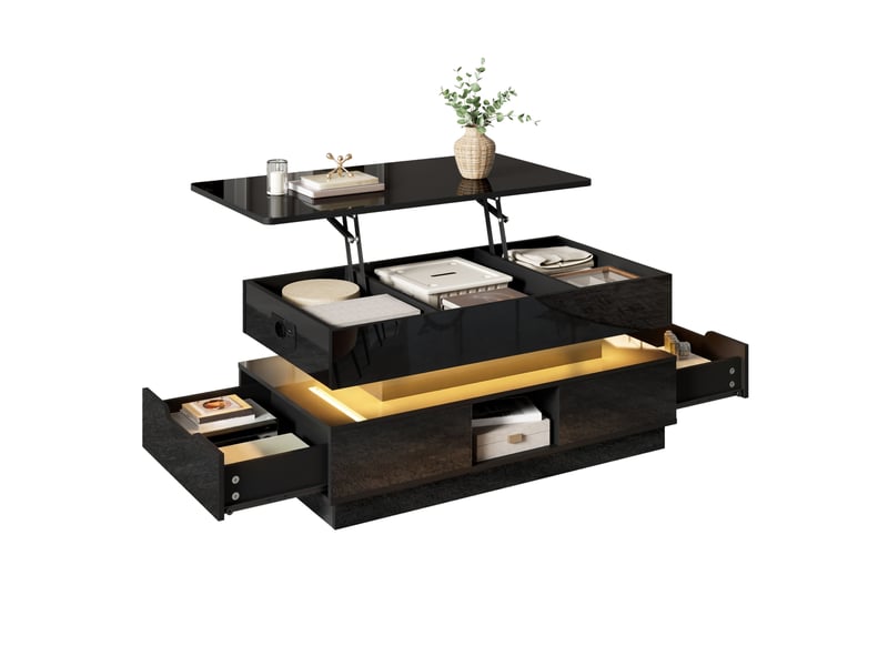  Table basse relevable avec rangement led et prise 90x48x42,5 cm noire homvra  - Conforama A