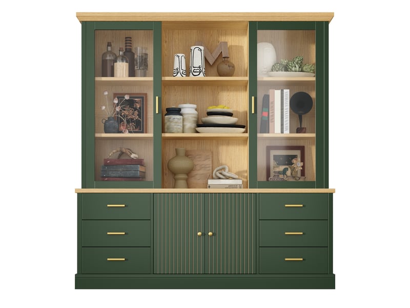  Buffet haut de cuisine 140x40x185 cm, 6 grands tiroirs, portes vitrées, étagères réglables, niches ouvertes, façade rainurée, vert et effet bois  - Conforama A