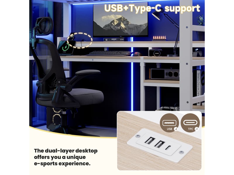 Lit mezzanine, 140 × 200 cm, blanc, métal, led, usb + type-c, armoire-échelle, étagères, sans matelas, led pilotable par appli - Conforama E