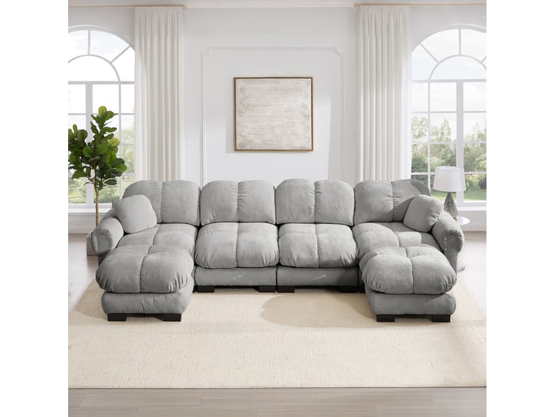  Canapé d’angle u modulable 4 places 330x149x90 cm, design capitonné, 2 poufs déplaçables, revêtement en chenille, gris clair  - Conforama E