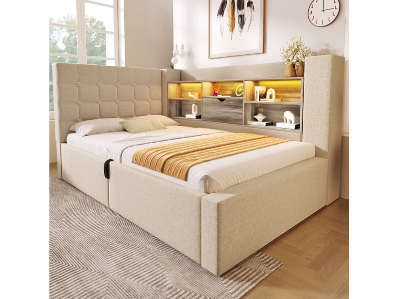Lit coffre 1 place 90 x 200 cm beige avec tête de lit l, led, ports usb et matelas - Conforama D