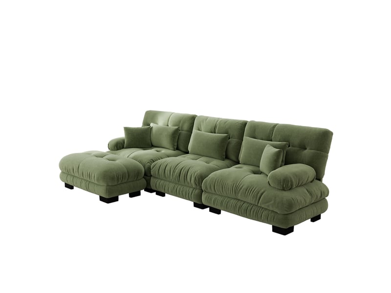  Canapé d'angle modulaire convertible avec ottoman, assise profonde et coussins, en chenille vert  - Conforama A