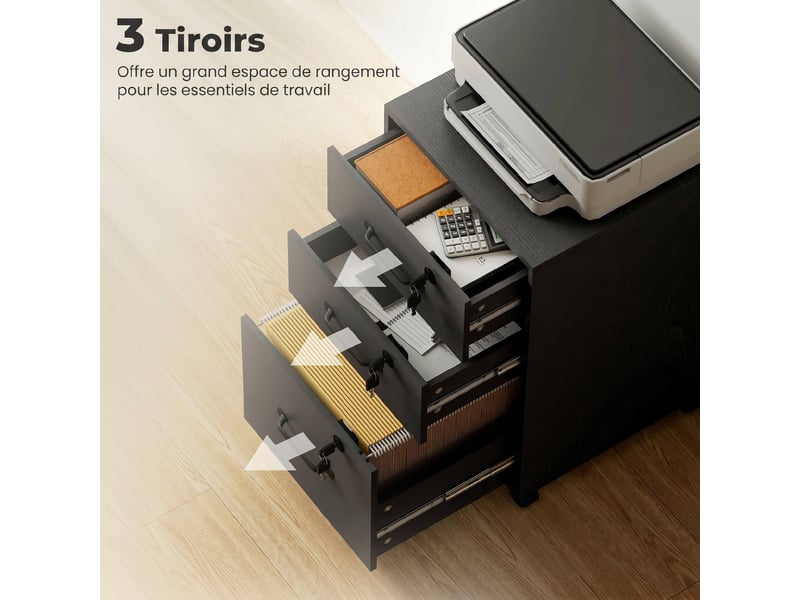  Caisson de bureau mobile 3 tiroirs verrouillables sur roulettes noir 40 x 40 x 69,5 cm  - Conforama D
