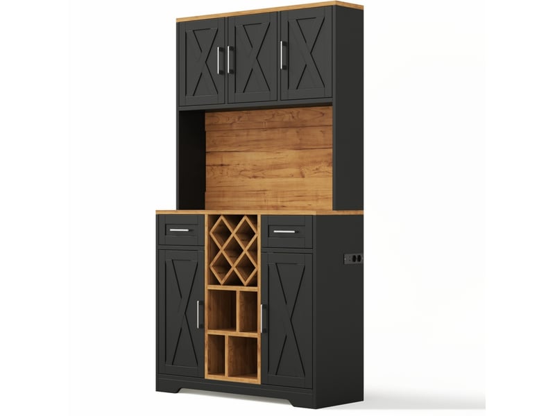  Buffet haut de cuisine 105x40x180 cm naturel et noir, mdf avec led rgb, 2 tiroirs et casier à vin amovible  - Conforama D