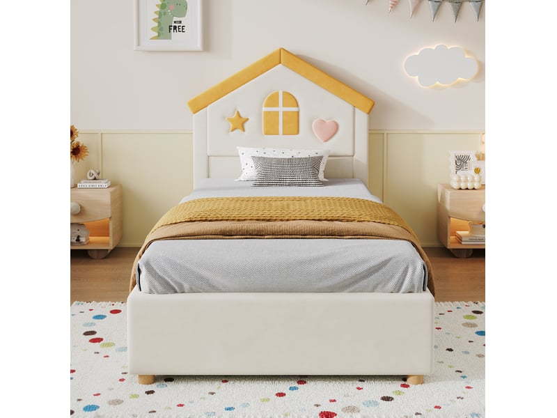 Lit enfant 90 × 200 cm avec 4 tiroirs, tête de lit maison rembourrée en velours français beige pour chambre enfant - Conforama D