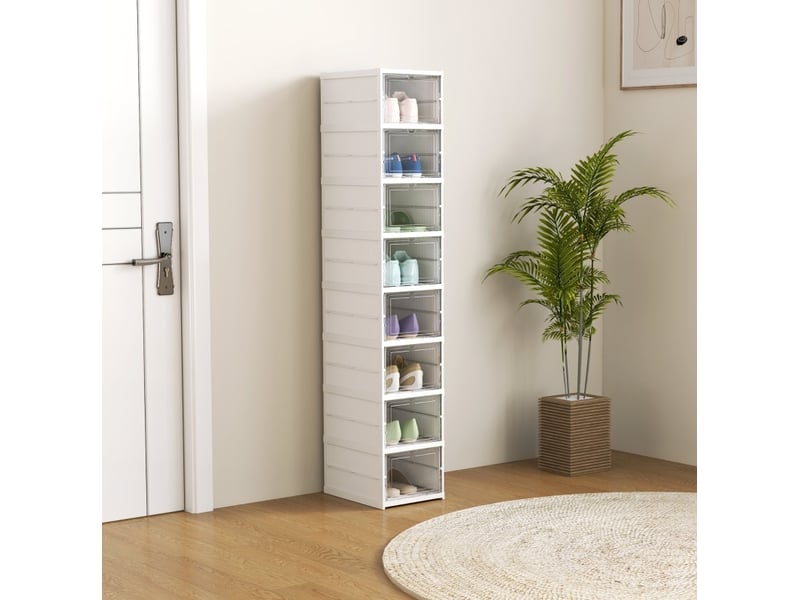  Boîtes à chaussures empilables et pliables, lot de 8, 26x35x140 cm, portes transparentes, plastique blanc  - Conforama B