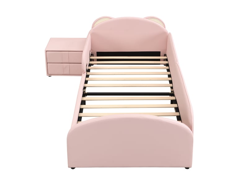  Lit simple enfant 90x200 cm – rose – tête de lit ours, chevet à 2 tiroirs, bords rembourrés – sans matelas  - Conforama D